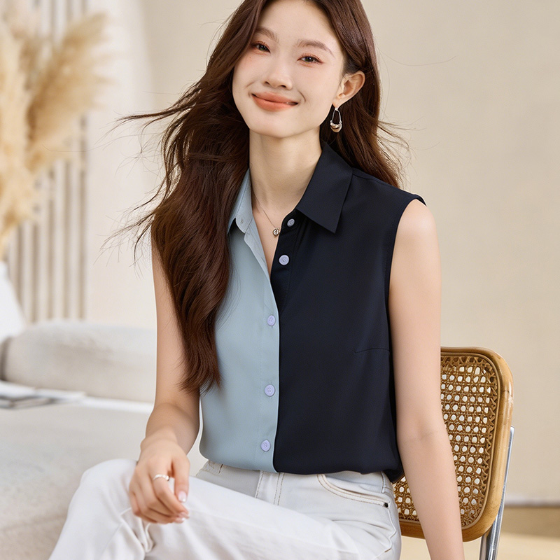 실사 외국 가스 패치워크 여름 어깨 조끼 여성 외출용 셔츠 민소매 쉬폰 인사이드 잡아라. 의류 기본 셔츠