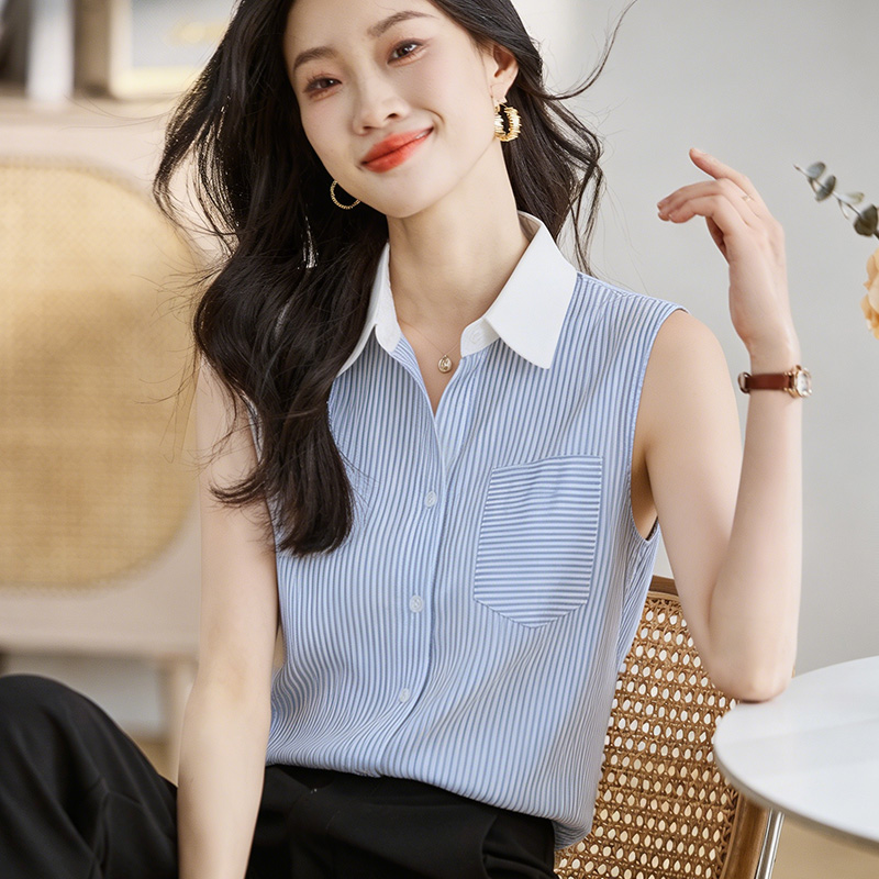 실사 외국 가스 스트라이프 여름 어깨 조끼 여성 외출용 셔츠 민소매 쉬폰 인사이드 잡아라. 의류 기본 셔츠