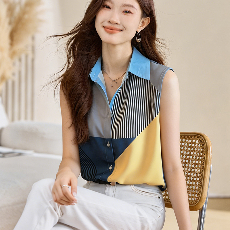 실사 외국 가스 패치워크 여름 어깨 조끼 여성 외출용 셔츠 민소매 쉬폰 인사이드 잡아라. 의류 기본 셔츠