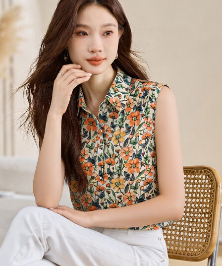 실사 외국 가스 여름 작은 꽃무늬 어깨 조끼 여성 외출용 셔츠 민소매 쉬폰 인사이드 잡아라. 의류 기본 셔츠