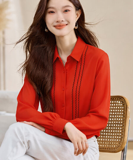 실사 긴팔 쉬폰 블라우스 품격 맨위 가을 의상 새로운 여성 의류 단색 폴로 칼라 셔츠 작은 셔츠 여성 기본 셔츠