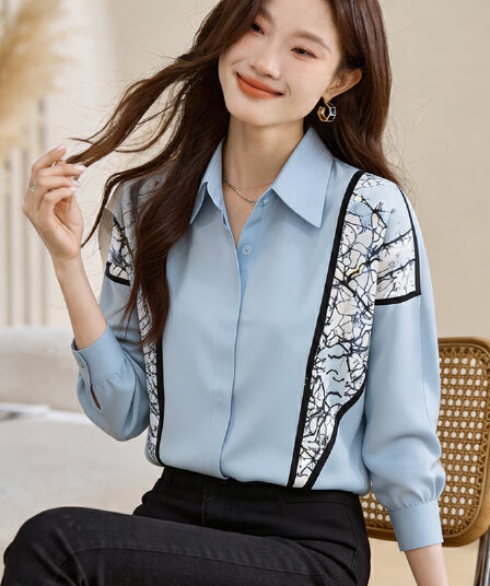 실사 외국 가스 슬림해 보이는 봄 가을 새로운 여성 의류 폴로 칼라 명중 꽃 쉬폰 블라우스 맨위 오픈 가디건 셔츠 기본 셔츠 셔츠