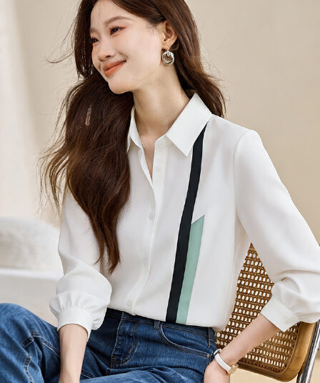 실사 외국 가스 캐주얼 가을 새로운 여성 의류 폴로 칼라 배색 쉬폰 블라우스 맨위 오픈 가디건 셔츠 기본 셔츠 셔츠