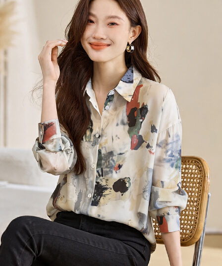 실사 외국 가스 캐주얼 봄 가을 새로운 여성 의류 폴로 칼라 낙서 쉬폰 블라우스 맨위 오픈 가디건 셔츠 기본 셔츠 셔츠