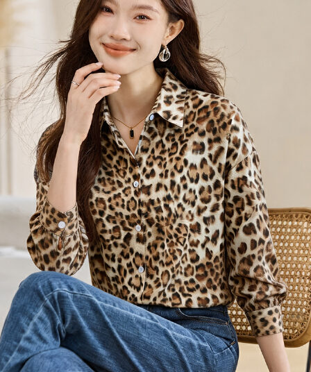 실사 외국 가스 캐주얼 봄 가을 새로운 여성 의류 폴로 칼라 레오파드 무늬 쉬폰 블라우스 맨위 오픈 가디건 셔츠 기본 셔츠 셔츠