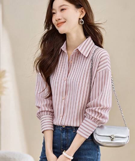 실사 외국 가스 캐주얼 가을 새로운 여성 의류 폴로 칼라 스트라이프 쉬폰 블라우스 맨위 오픈 가디건 셔츠 기본 셔츠 셔츠
