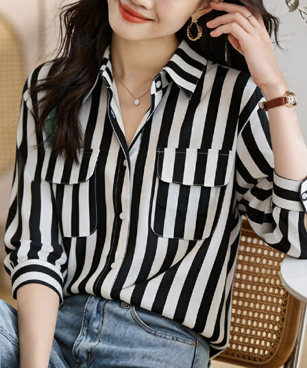실사 외국 가스 캐주얼 봄 가을 새로운 여성 의류 폴로 칼라 단색 쉬폰 블라우스 맨위 오픈 가디건 셔츠 기본 셔츠 셔츠