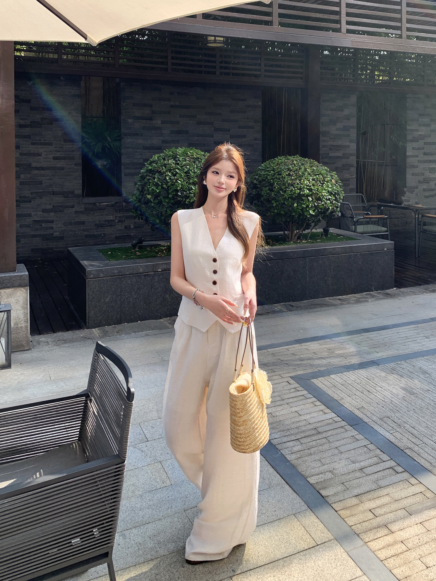 실사 정가 빛 럭셔리 품격 슬림해 보이는 세트 여성 오래된 돈 바람 느슨함 센스 베스트 와이드 레그 팬츠 투피스 세트