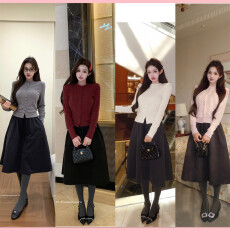 批发实拍实价韩女法则秋冬纽扣针织 开衫抽绳加厚花苞裙<b class='q'>套装</b>