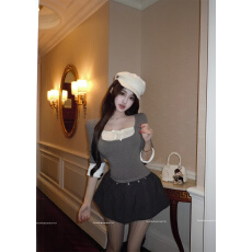 批发实拍实价拼接假两件薄绒上衣<b class='q'>长袖</b>+毛呢低腰半身蓬蓬<b class='q'>裙</b>短<b class='q'>裙</b><b class='q'>裙</b>裤