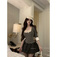 批发实拍实价拼接假两件薄绒上衣<b class='q'>长袖</b>+毛呢低腰半身蓬蓬<b class='q'>裙</b>短<b class='q'>裙</b><b class='q'>裙</b>裤