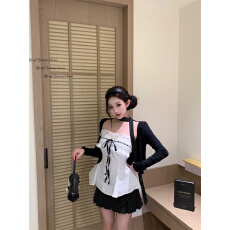 批发实拍实价韩女三件套针织开衫外套花边蝴蝶结<b class='q'>吊带</b>上衣波点短裙套装