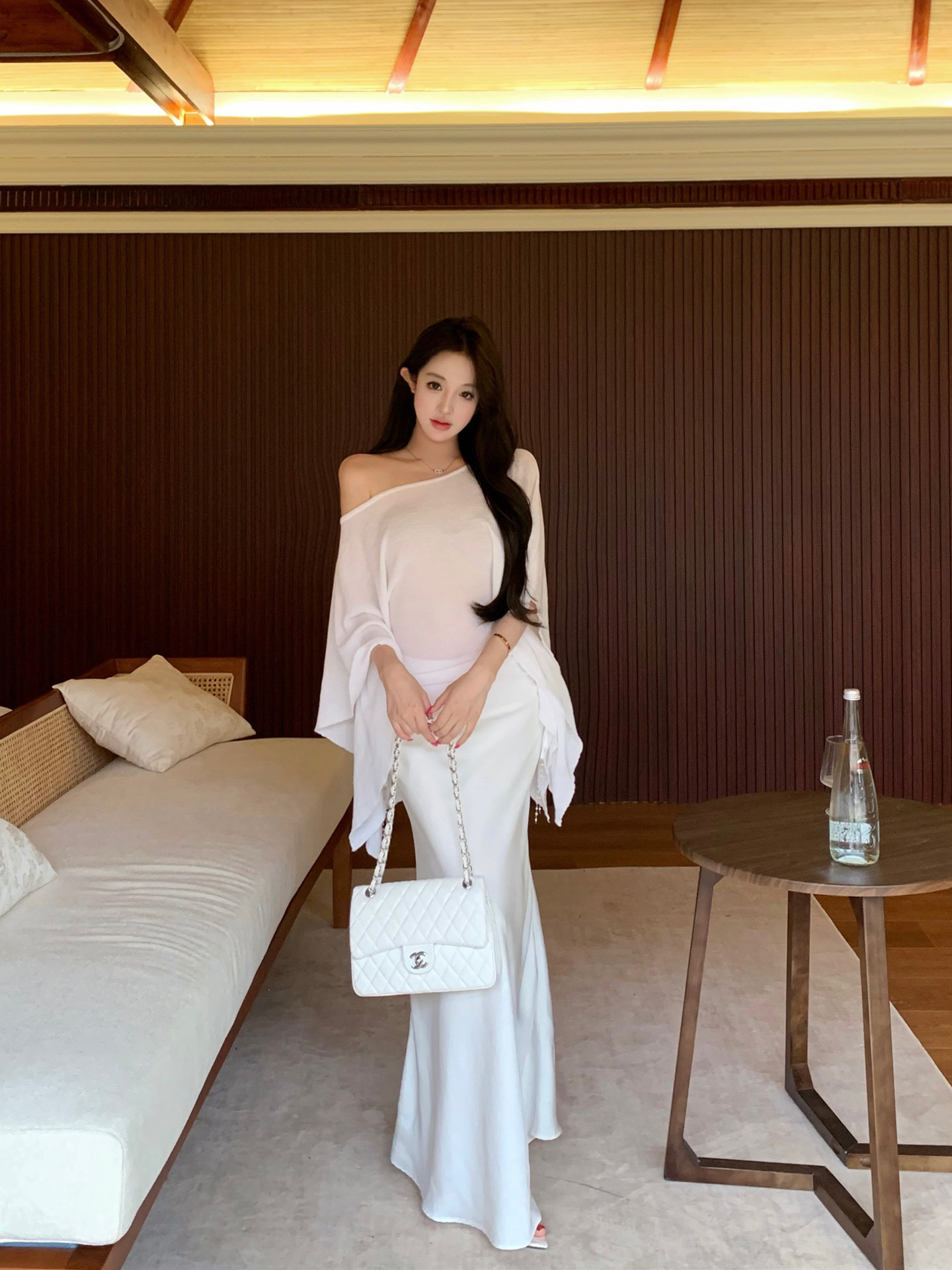 실사 정가 녹색 블루 섬 카키 색 양모 니트 스웨터 여성 봄 미니멀리즘 다용도 슬림해 보이는 비스듬한 어깨 의류