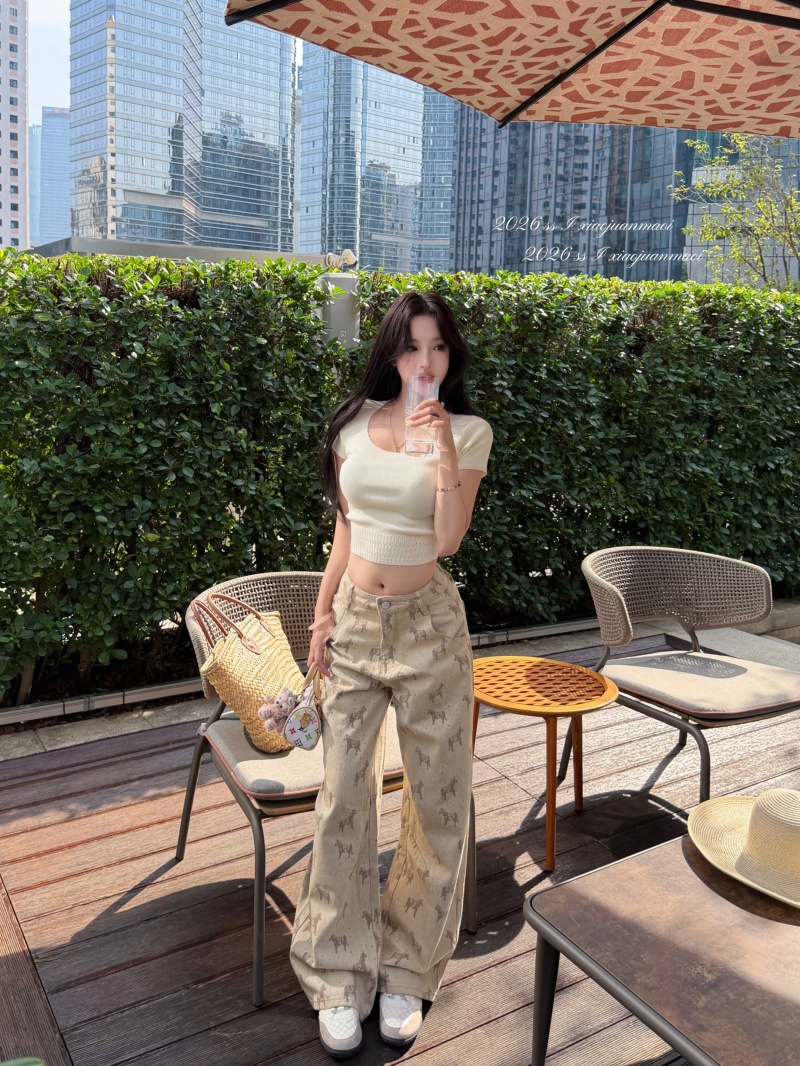 실사 정가 대 u 칼라 반팔 티셔츠 쇼트 스타일 몸매 가꾸기 맨위 우유 푸 작은 말 자카드 청바지 스트레이트 긴 바지