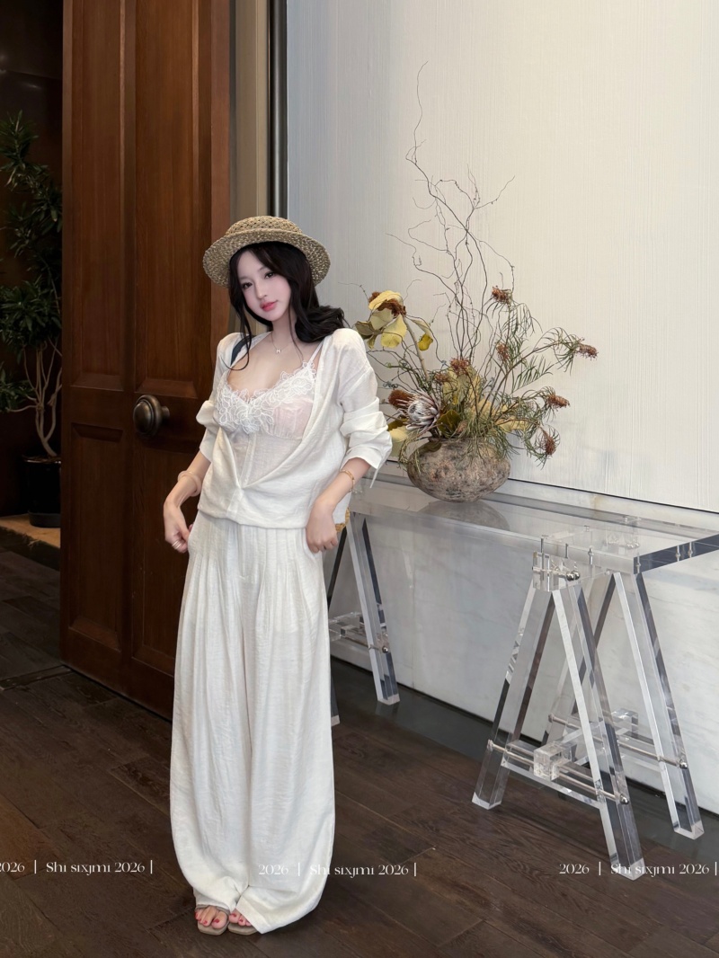 실사 정가 여름 새로운 레이스 슬립 긴팔 오픈 가디건 와이드 레그 팬츠 느긋한 바람 페이크 레이어드 세트