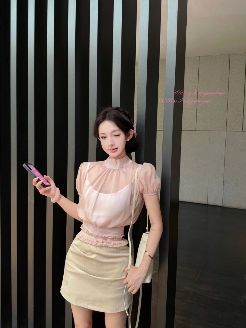 실사 정가 샴페인 숙녀 벌룬 소매 맨위 공단 센스 마이크로 ~을 통해 난초 실 비대칭 붓다 Pleat 반 스커트 여성