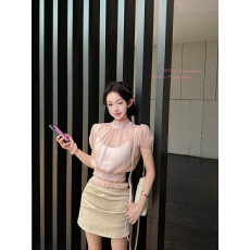 批发实拍实价 香槟淑女 <b class='q'>灯笼</b>袖上衣缎感微透兰花纱不对称倒褶半<b class='q'>裙</b>女