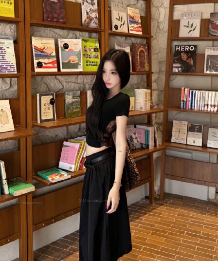 실사 정가 순수한 욕망 뒤로보기 신축성 레이스 대 u 칼라 백리스 티셔츠 t 세트 2026 새로운 하이웨이스트 반 스커트 여성