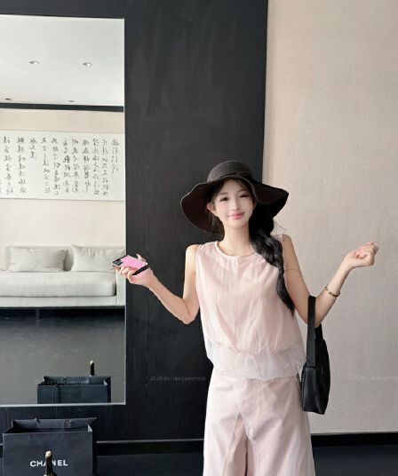 실사 정가 섬 오래된 돈 vibe100g 공기 센스 주간 실크 코튼 망사 조끼 작은 셔츠 치마바지 세트 여성