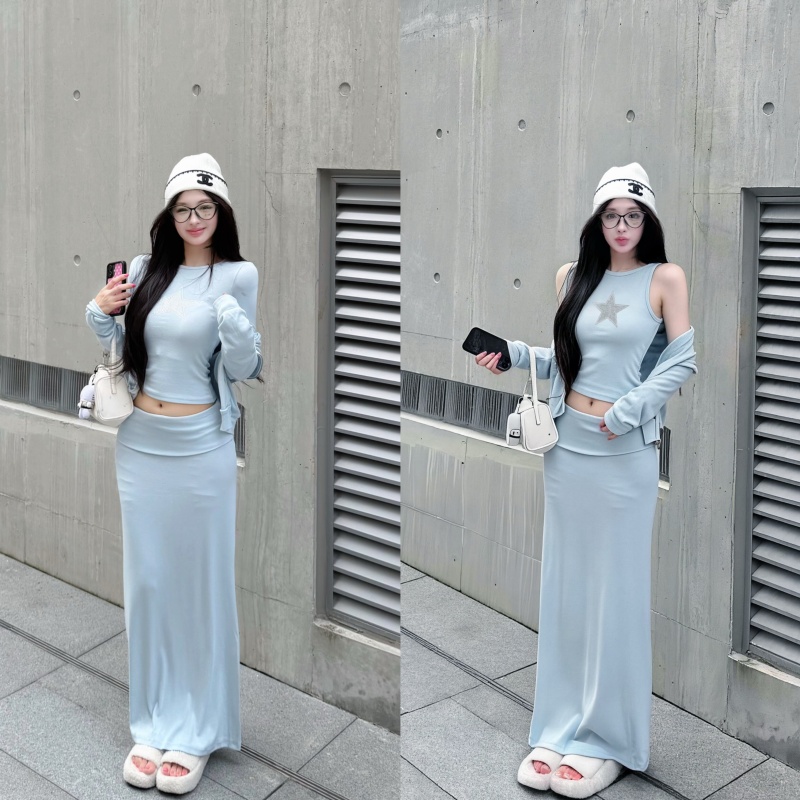 BY32819# 连帽宽松拉链开衫卫衣女星星印花修身窄肩背心长袖套装  服裝批發女裝批發服飾貨源
