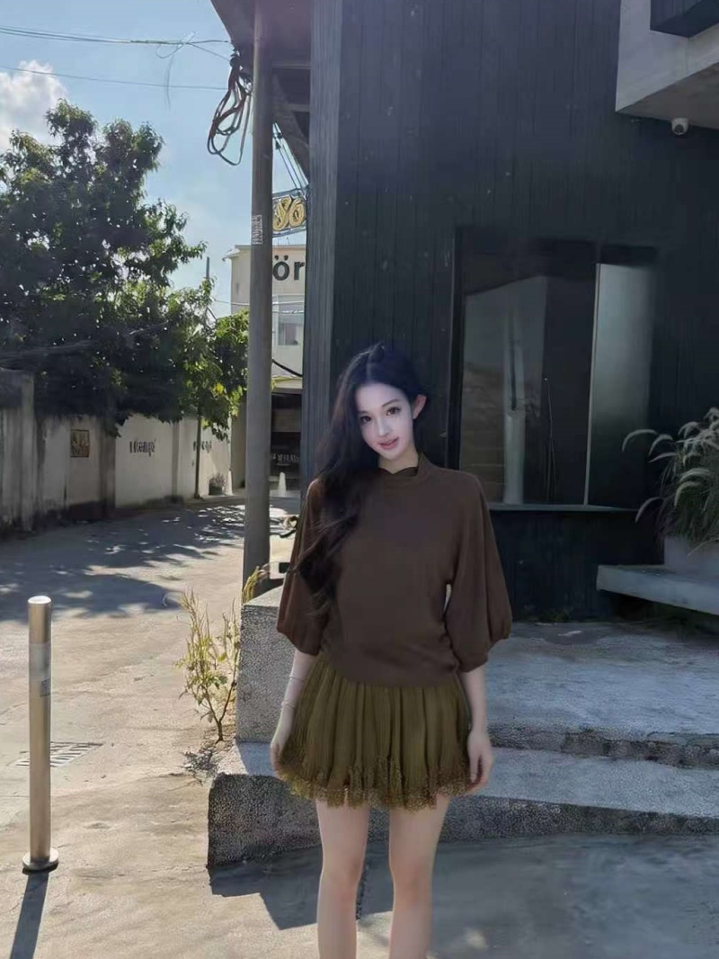 BY37039# 朴彩英rose同款羊毛混纺七分袖针织衫女秋半裙两件套  服裝批發女裝批發服飾貨源