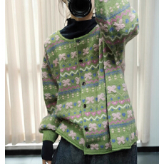 批发冬季<b class='q'>森女</b>文艺提花宽松大码减龄百搭棉质针织衫毛衣短<b class='q'>外套</b>甜美立体