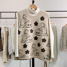 批发秋冬新品<b class='q'>时尚</b>复古小猫提花简约圆领卡通图案针织背心马甲女