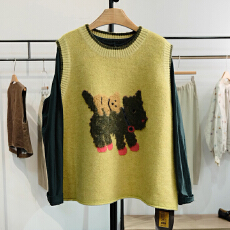 批发<b class='q'>秋</b>季新品软糯亲肤舒适圆领套头小狗图案百搭叠穿针织马甲背心女潮