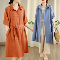 批发实拍春<b class='q'>夏</b>新款文艺范儿显瘦翻领小外套纯色中长款衬衣系带衬衫裙女