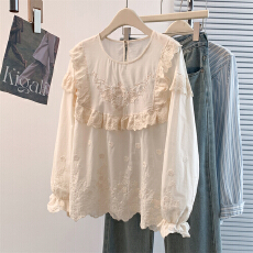 实拍春夏新款宫廷少女风刺绣衬衣花边设计感减龄娃娃衫钩花上衣女