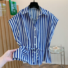 批发小香风翻领系带条纹衬衫女夏季薄款显瘦<b class='q'>通勤</b>简约衬衣休闲上衣潮流