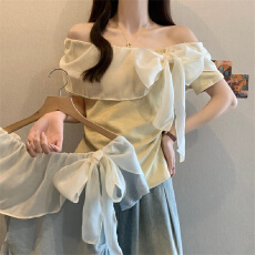 批发实拍~大码夏装新款法式蝴蝶结飘带网纱拼接一字肩短袖衬衫女上衣