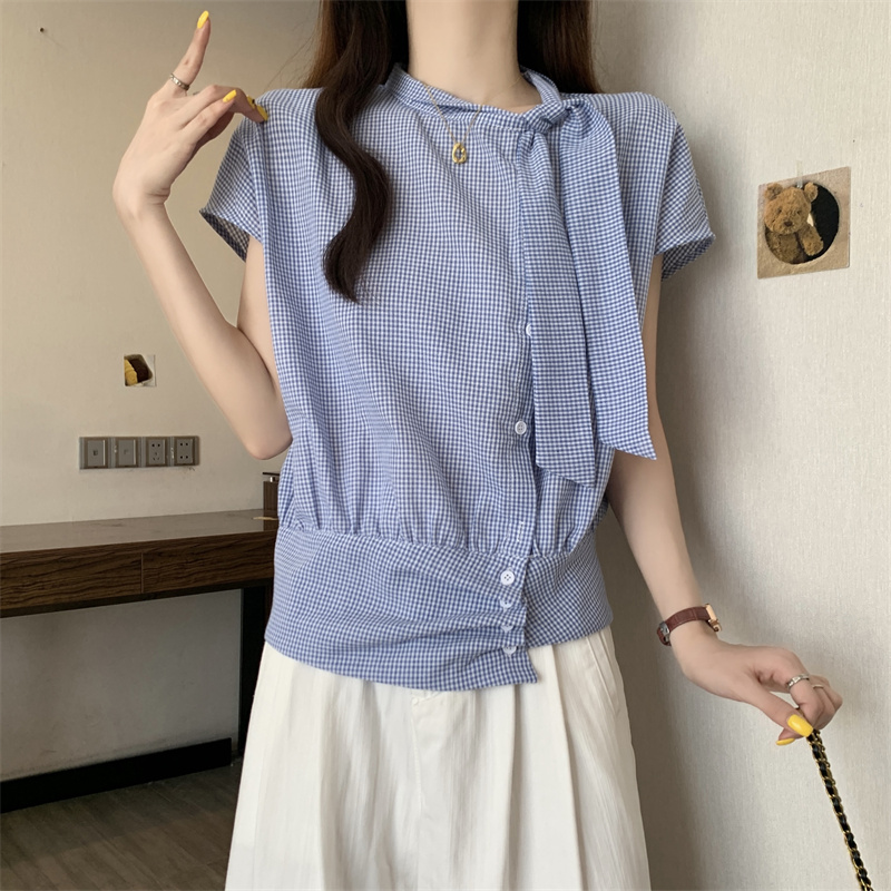 大码设计感飘带蓝色格子上衣新款...