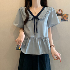 批发实拍~大码设计夏季新款简约娃娃领短袖衬衫女上衣