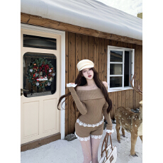 批发实拍实价小香风套<b class='q'>装</b>秋冬纯欲一字肩<b class='q'>长袖</b>针织上衣小个子短<b class='q'>裤</b>两件套