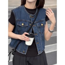 批发复古蓝色短款无袖背心牛仔外套女2025新款早<b class='q'>春</b>宽松小个子叠穿上衣