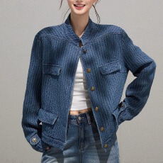 批发蓝色立领纹理感长袖外套女2025秋冬季休闲宽松小香风高级感<b class='q'>上衣</b>