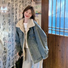 批发加绒加厚牛仔羊羔毛外套女2025冬季新款爆款皮毛一体短款派克棉服