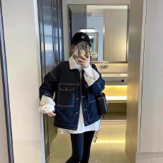 批发慵懒风加绒加厚牛仔外套棉服女2025冬季毛领复古宽松上衣