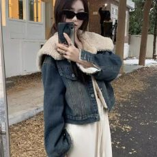 批发加绒加厚牛仔外套女2025秋冬季新款韩版宽松设计感大翻领短款上衣