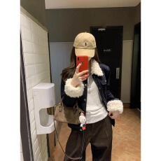 批发韩系短款藏蓝色毛领设计夹棉外套女<b class='q'>秋</b>冬季气质高级感修身显瘦夹克