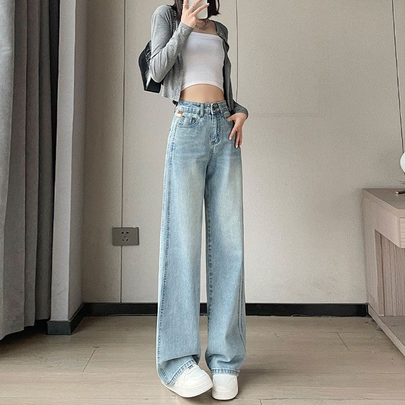 봄 새로운 하이웨이스트 루즈핏 바닥 청소 하늘색 패치워크 넓은 다리 청바지 여성 빅 사이즈 지방 mm 도루 센스 스트레이트 팬츠
