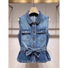批发复古工装风<b class='q'>牛仔</b>马甲2026夏季新款系带收腰翻领单排扣无袖背心上衣