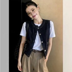 批发韩版<b class='q'>百搭</b>气质复古无袖牛仔马甲女夏季叠穿坎肩外搭显瘦短款上衣潮
