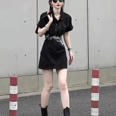 批发御姐气质工装<b class='q'>黑色</b>牛仔裙女装夏季新款时尚收腰短袖连衣裙a字<b class='q'>短裙</b>