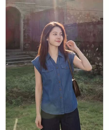 2026 여름 새로운 항구 바람 레트로 파란색 데님 민소매 셔츠 패션 폴로 칼라 품격 슬림해 보이는 외국 가스 맨위
