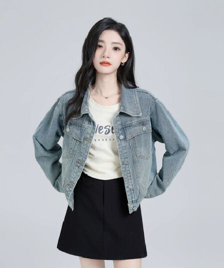 파란색 쇼트 스타일 부드러운 데님 여성 코트 가을 2026 새로운 홍콩 느낌 아메리칸 레트로 루즈핏 다용도 재킷 맨위