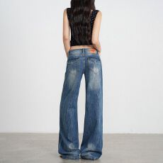 批发2026新款蓝色低腰设计感直筒牛仔裤<b class='q'>女</b>大码宽松显瘦休闲阔腿<b class='q'>长裤</b>
