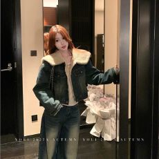 批发2026秋冬新款大翻领羊羔毛拼接短加绒牛仔外套女加厚气质外衣