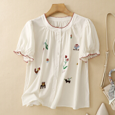 批发实拍全棉刺绣花卉泡泡袖衬衫女2026年夏季法式娃娃衫宽松衬衣